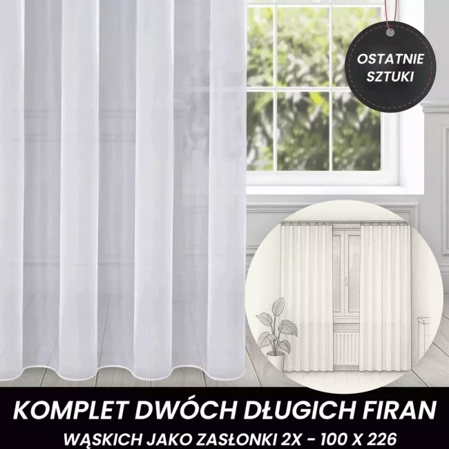 Zasłonki firanowe gładkie - Komplet dwóch firan - 100x226 - firany gotowe już uszyte